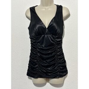 Y2K Studio Y Top M Black Ruched Satin Sleeveless Blouse Dark Romantic Coquette